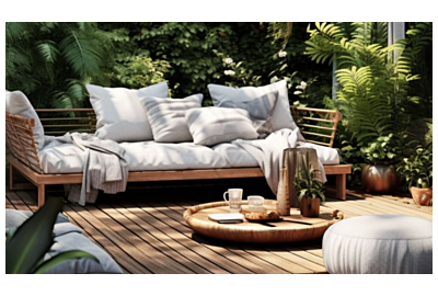 styl japandi w ogrodzie - luksusowe meble marki furrore ustawione w ogrodzie pełnym zieleni