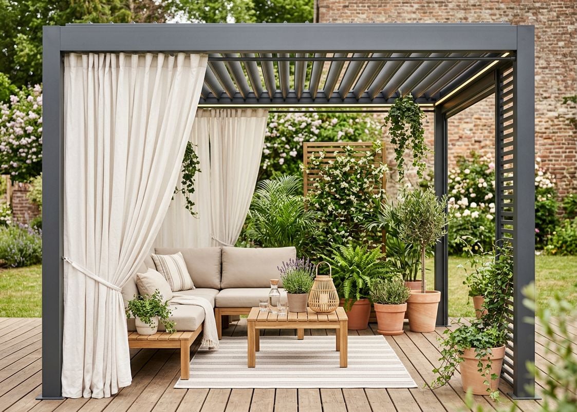 Pergola z zasłonami i rośliniami na tarasie