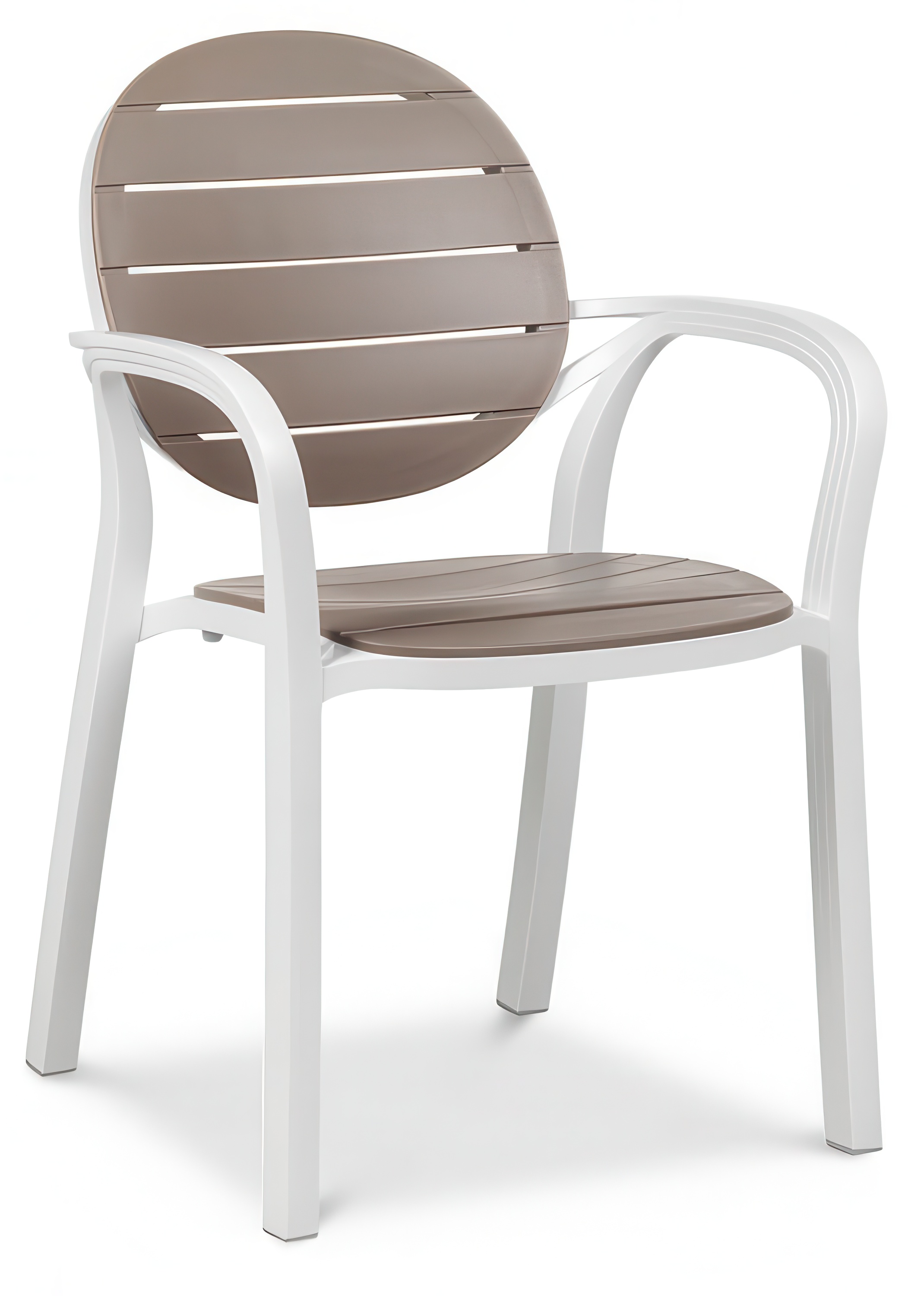 białe krzesło ogrodowe z brązowym siedziskiem i oparciem