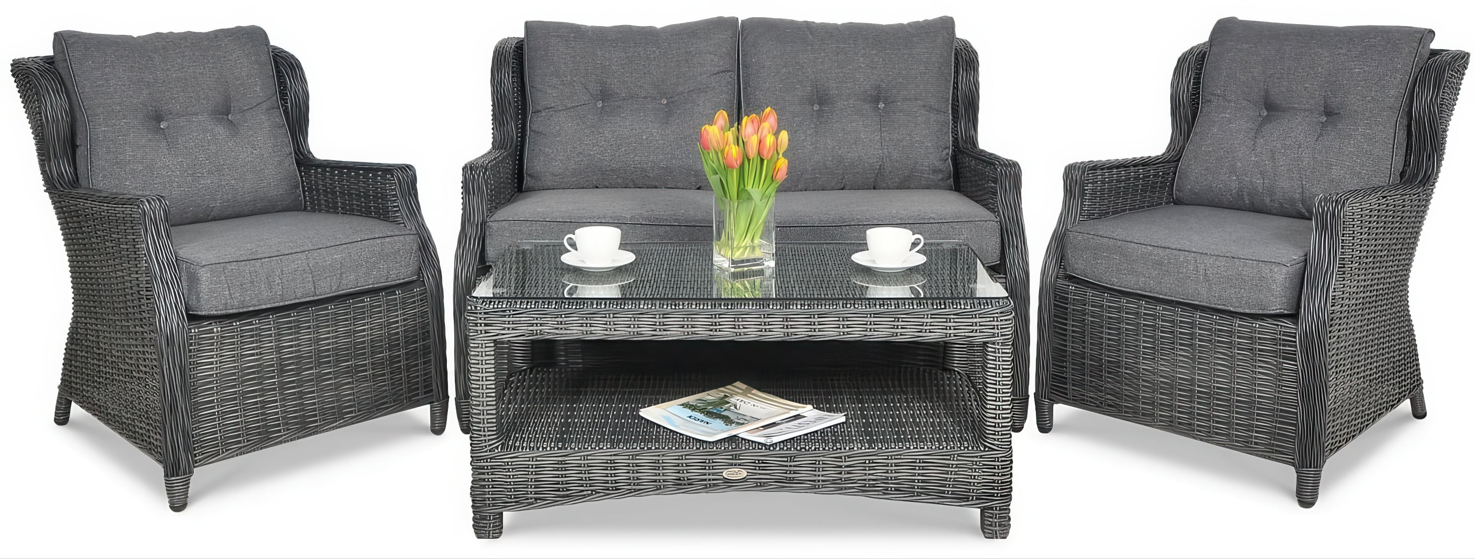 Elegancki zestaw mebli z technorattanu TRIVENTO 2 Dark Grey z dwoma fotelami, sofą i stolikiem kawowym