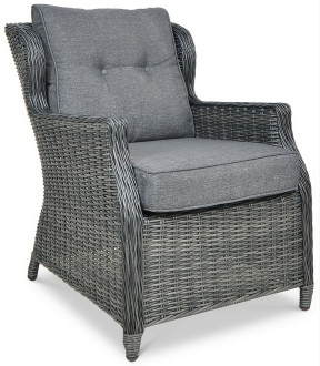 Szary fotel z technorattanu TRIVENTO 2 Dark Grey z wygodnymi, szarymi poduszkami