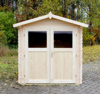 Domek ogrodowy drewniany OGNIK 240x240 cm Megiw z dwuskrzydłowymi drzwiami i przeszkleniami, widok od frontu