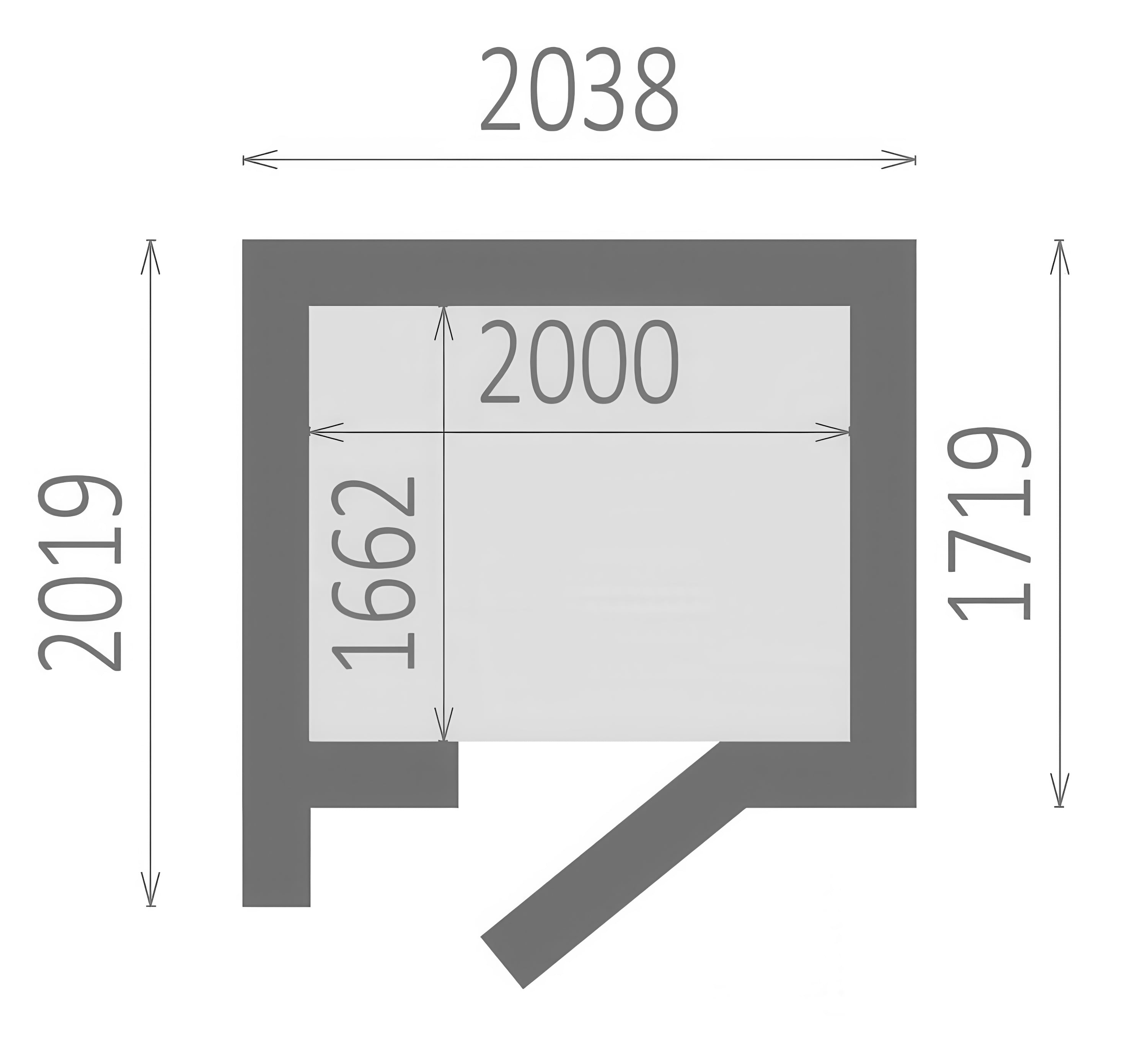 Rysunek techniczny domku ogrodowego z płaskim dachem i wymiarami 203x202 cm, powierzchnia użytkowa 200x166 cm