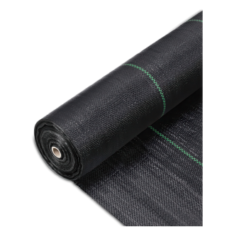 Rolka czarnej agrowłókniny ogrodowej z zielonymi liniami.