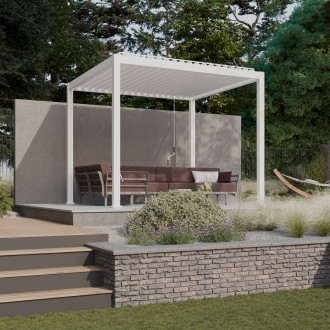 Biała pergola ogrodowa tarasowa 3x3 Premium marki Gutroof z meblami ogrodowymi