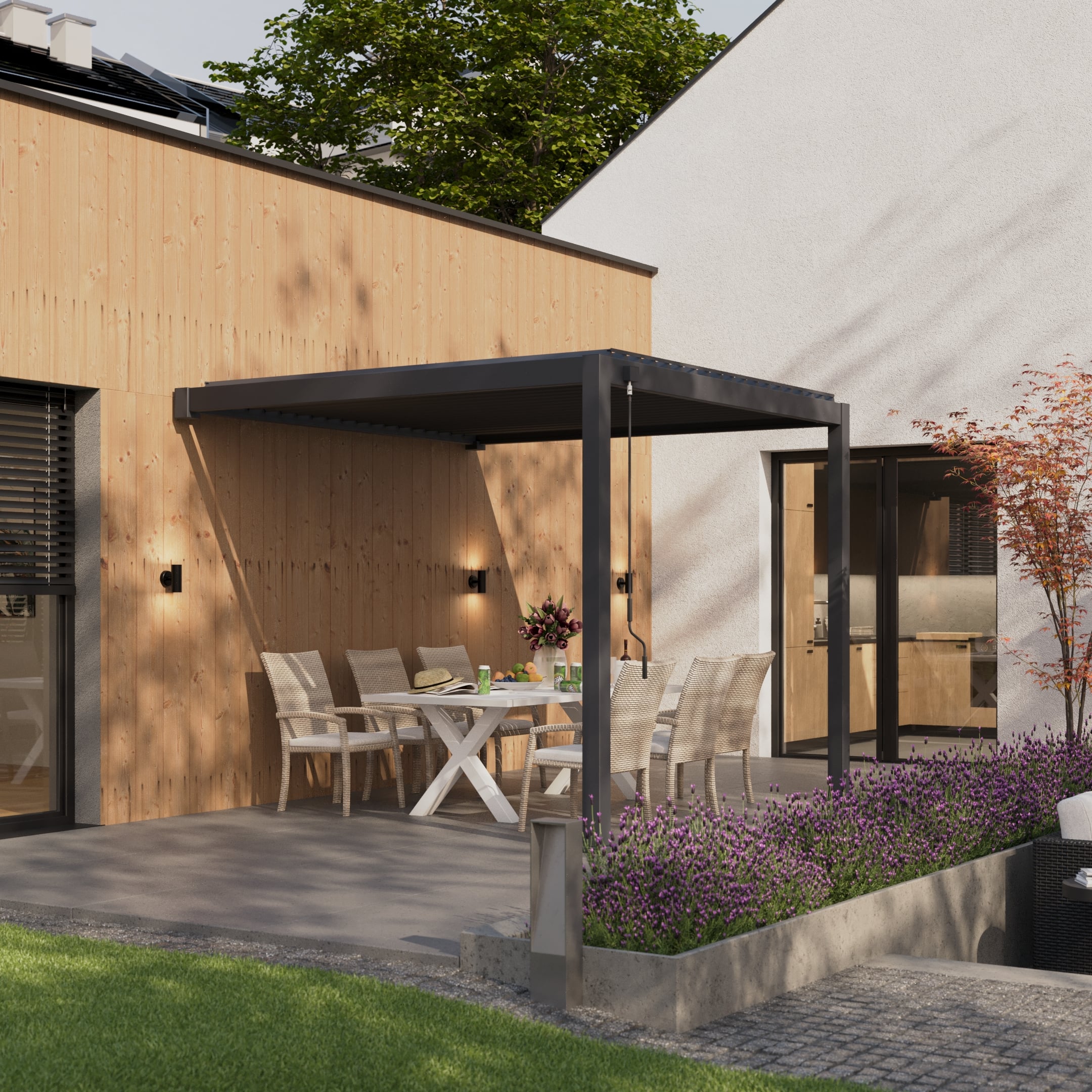 Pergola ścienna ogrodowa na taras 3x3 Premium Wall Anthracite marki Gutroof z meblami ogrodowymi