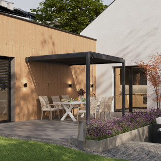 Pergola ścienna ogrodowa na taras 3x3 Premium Wall Anthracite marki Gutroof z meblami ogrodowymi
