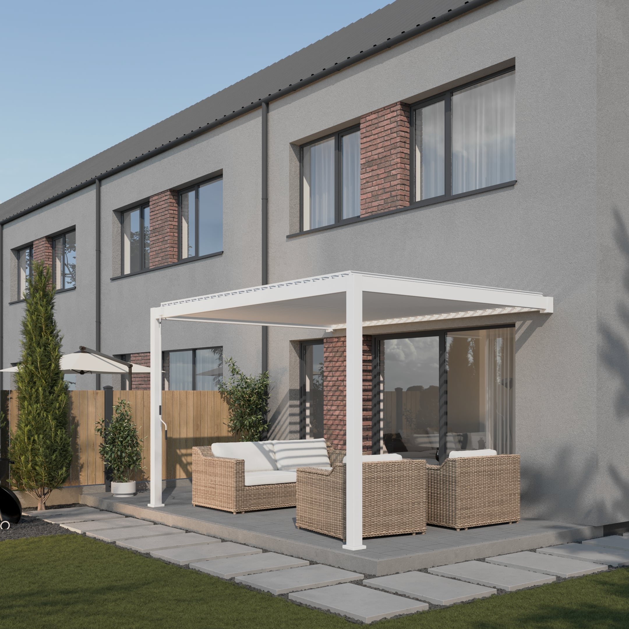 Pergola ścienna ogrodowa na taras Premium Wall 3x4 White marki Gutroof w aranżacji
