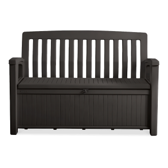 Czarna plastikowa ławka ogrodowa ze schowkiem pod siedziskiem.