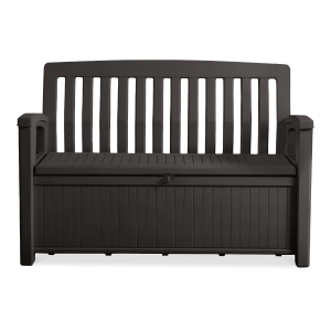 Czarna plastikowa ławka ogrodowa ze schowkiem pod siedziskiem.