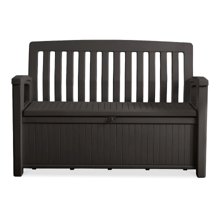 Czarna plastikowa ławka ogrodowa ze schowkiem pod siedziskiem.