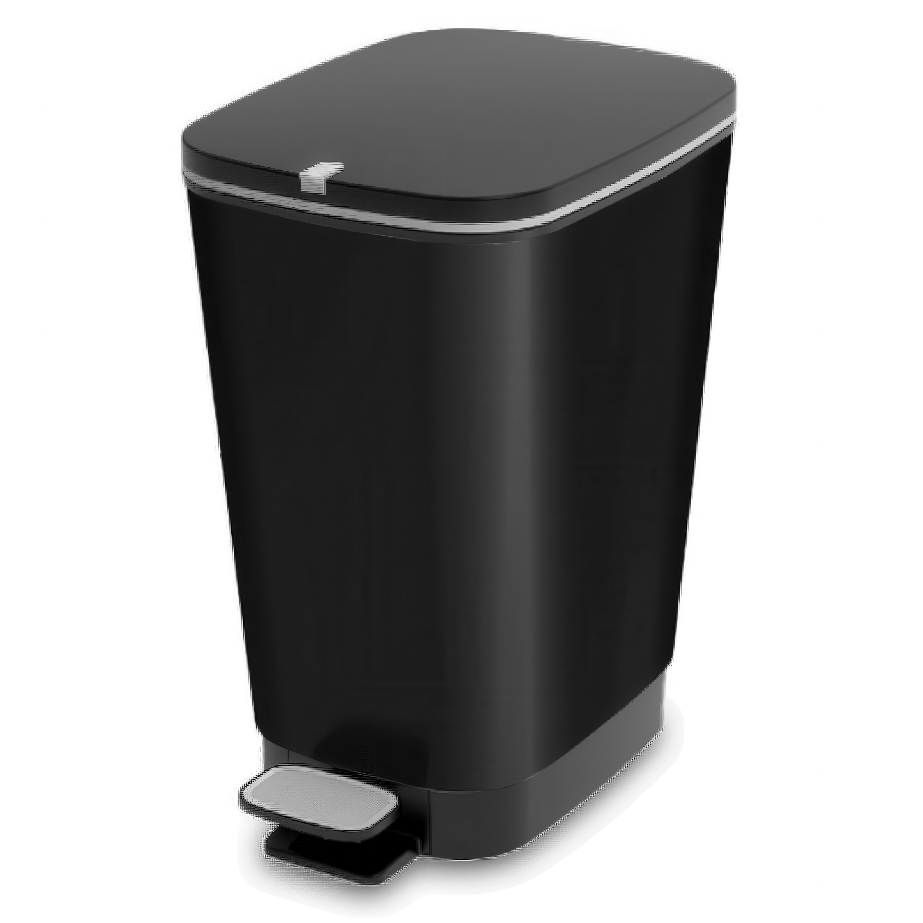 Czarny kosz na śmieci z pedałem, widok z przodu, pokrywa zamknięta