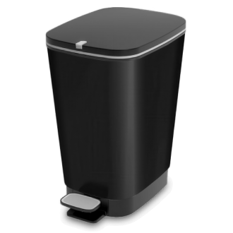 Czarny kosz na śmieci z pedałem, widok z przodu, pokrywa zamknięta