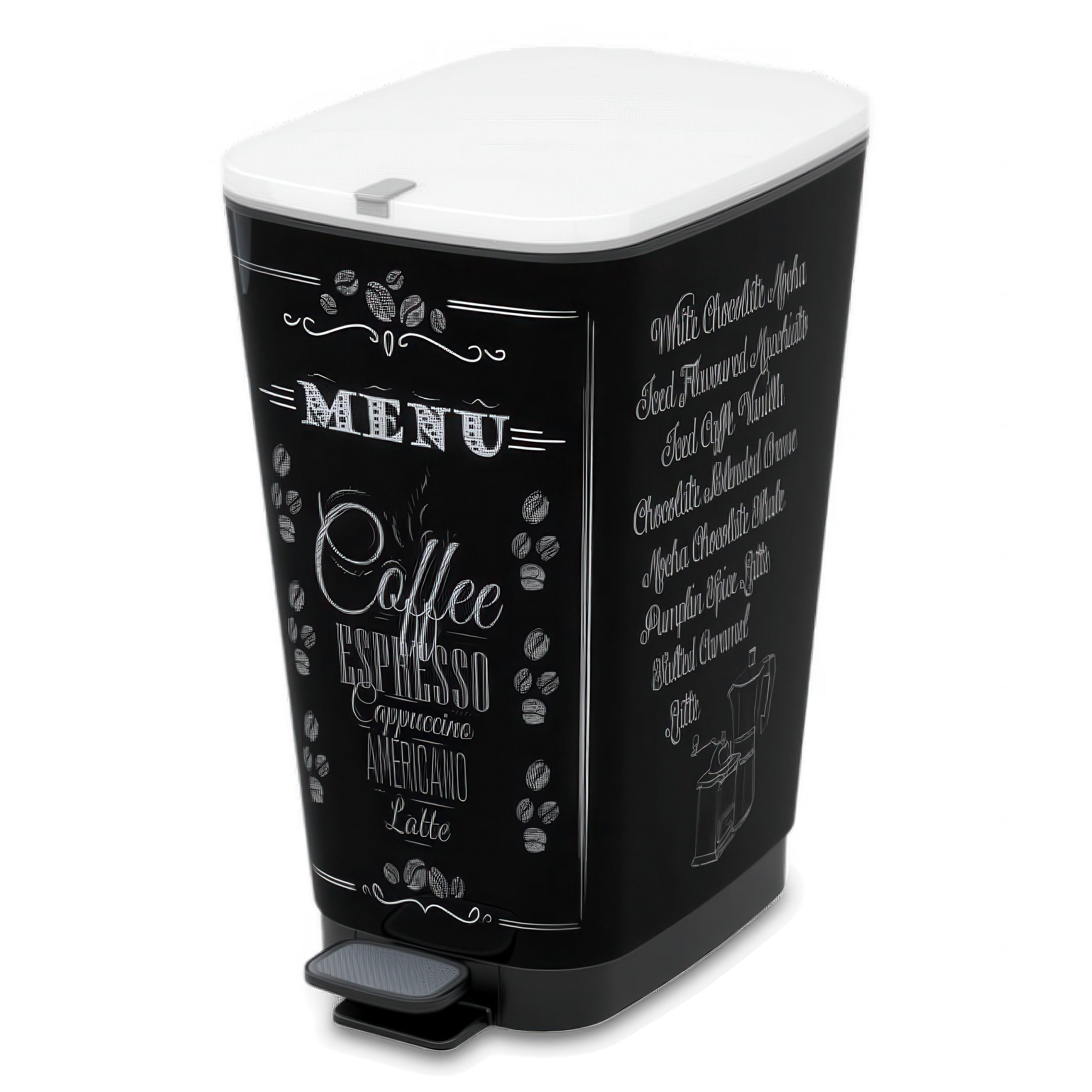 Kosz na odpady z pedałem 45L w czarnym kolorze i napisami "coffe menu"