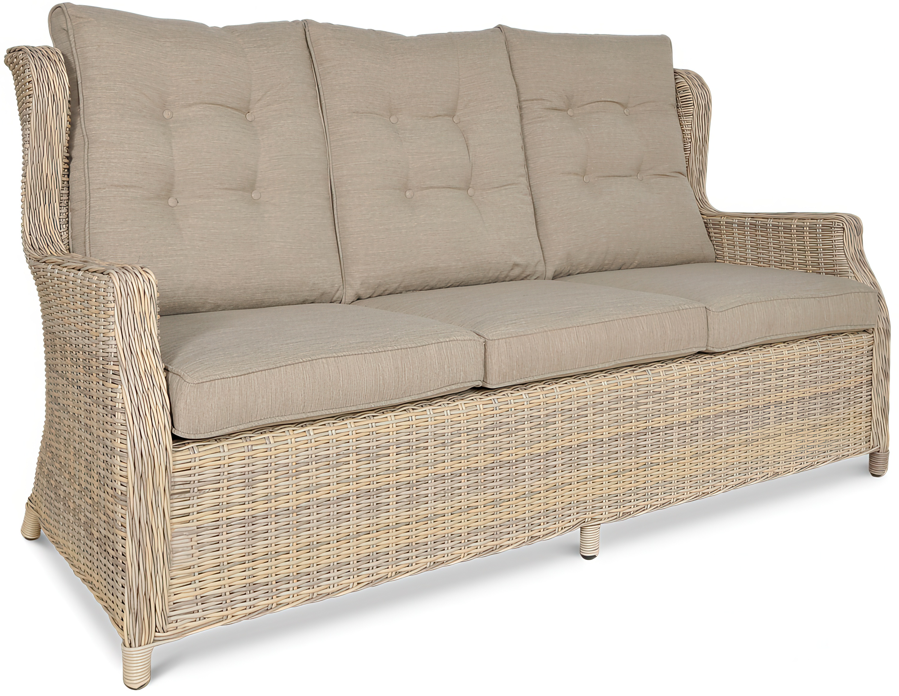 Trzyosobowa sofa TRIVENTO DINING 3 Beige z technorattanu z jasnymi poduszkami z guzikami