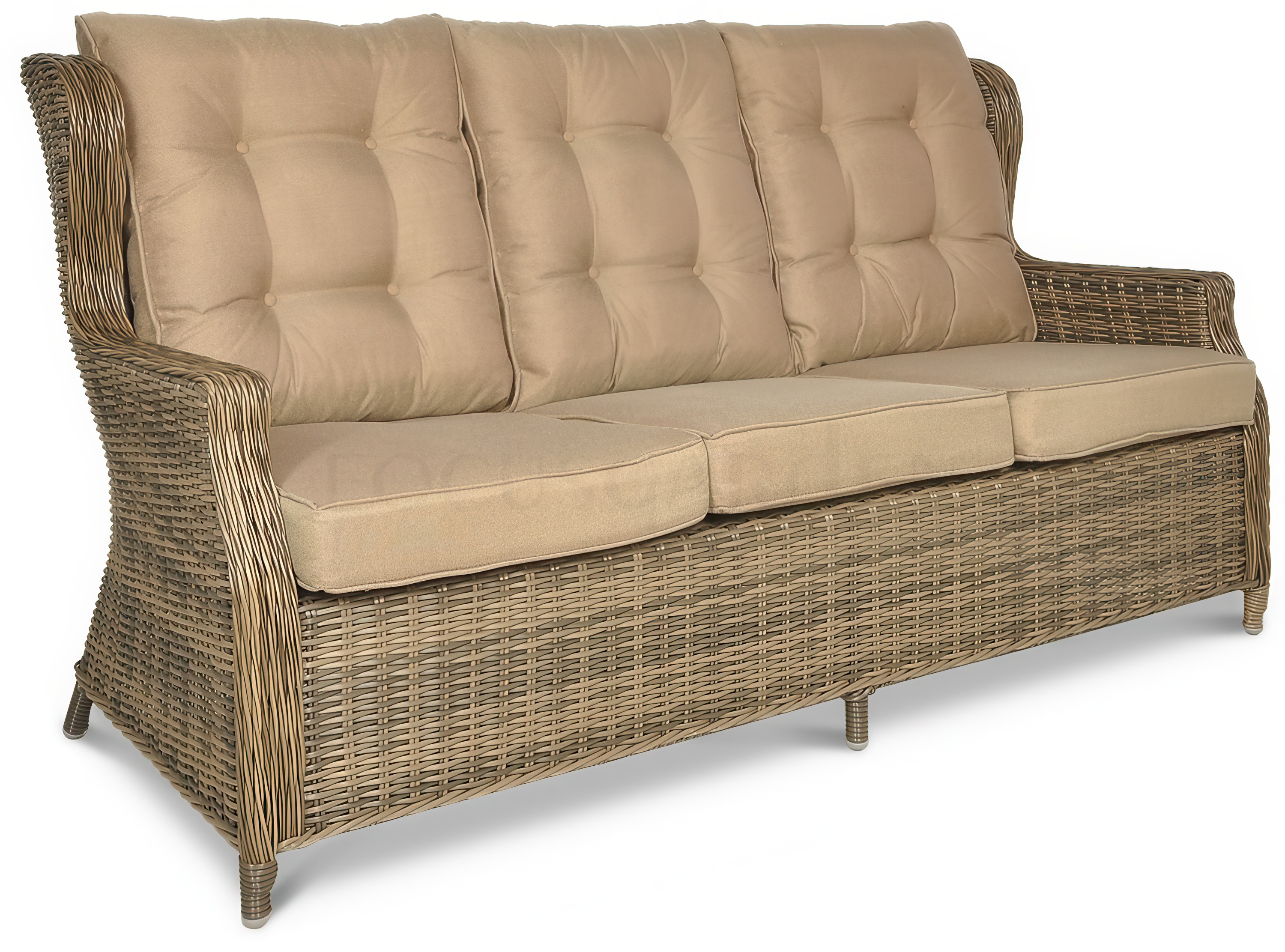 Trzyosobowa sofa z zestawu TRIVENTO 3 z plecionką technorattanową i grubymi poduszkami w brązowym kolorze