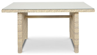 Dwustronny stolik technorattanowy TRIVENTO DINING 3 z pufami w kolorze beige i szklanym blatem