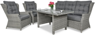 Meble technorattanowe TRIVENTO DINING 3 Stone Grey z szarymi poduszkami i szklanym blatem stołu