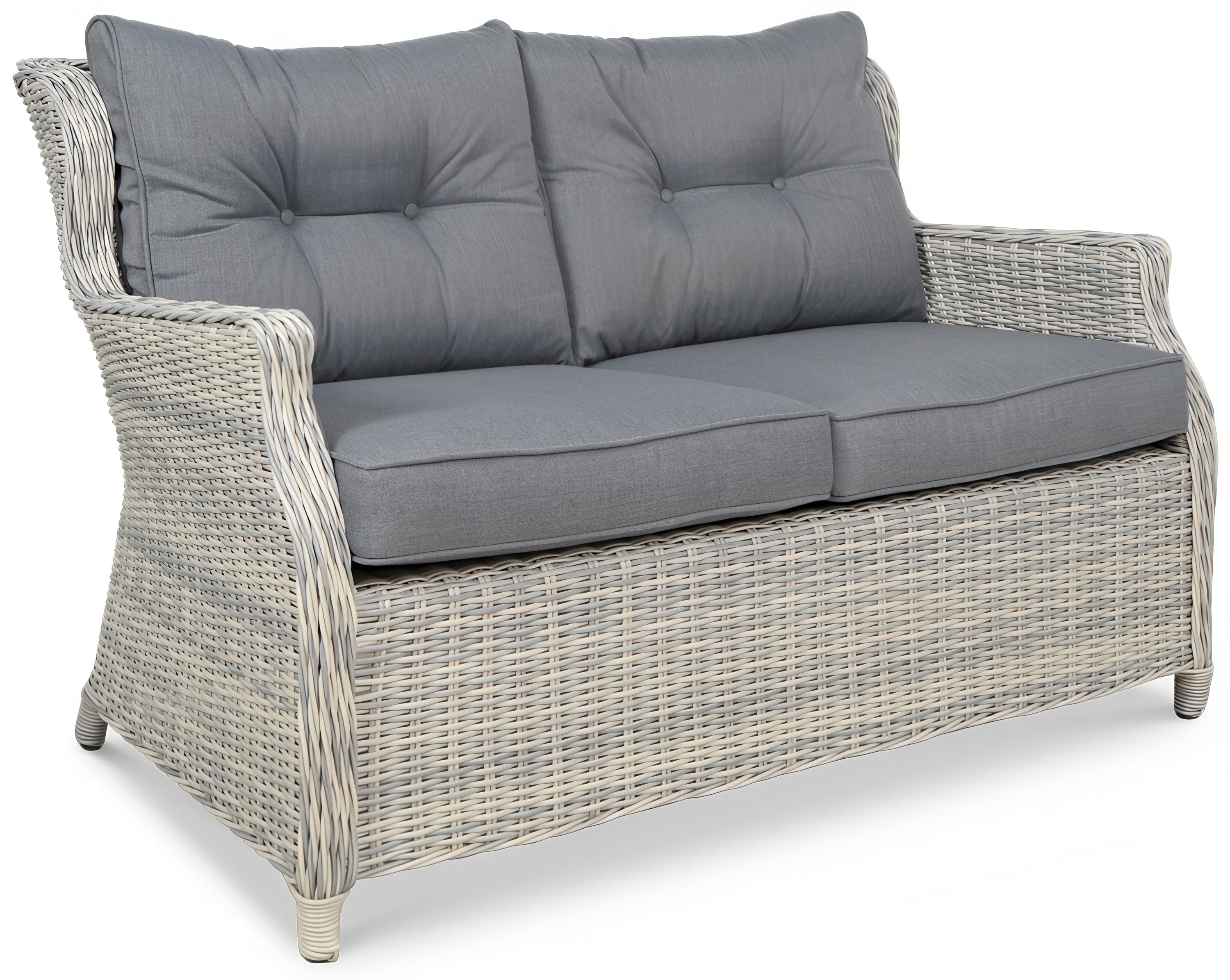 Dwuosobowa sofa z technorattanu TRIVENTO 2 White Grey z grubymi, szarymi poduszkami. Posiada elegancką strukturę technorattanową w odcieniach bieli i szarości