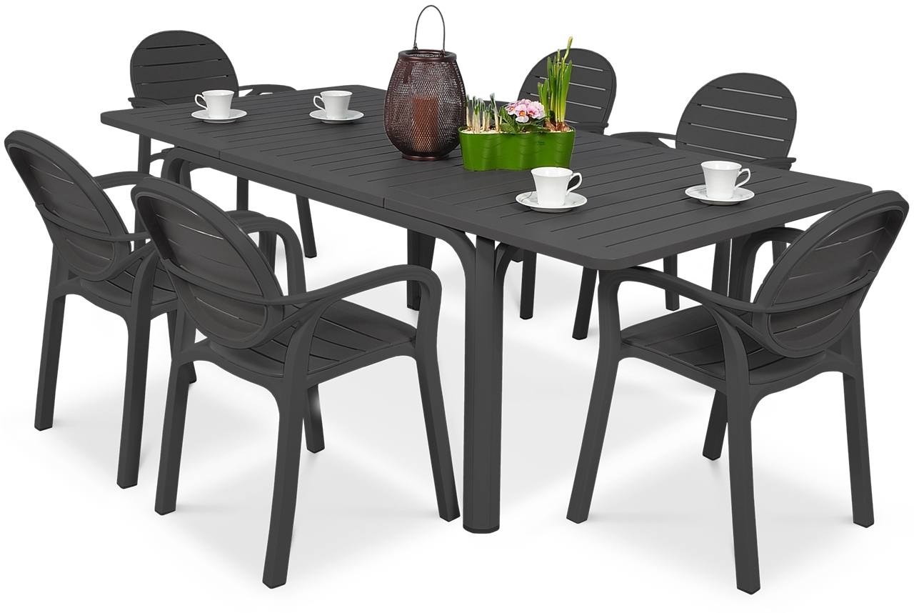 Zestaw ogrodowy z dużym prostokątnym stołem i sześcioma krzesłami w kolorze grafitowym
