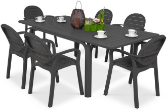 Zestaw ogrodowy z dużym prostokątnym stołem i sześcioma krzesłami w kolorze grafitowym