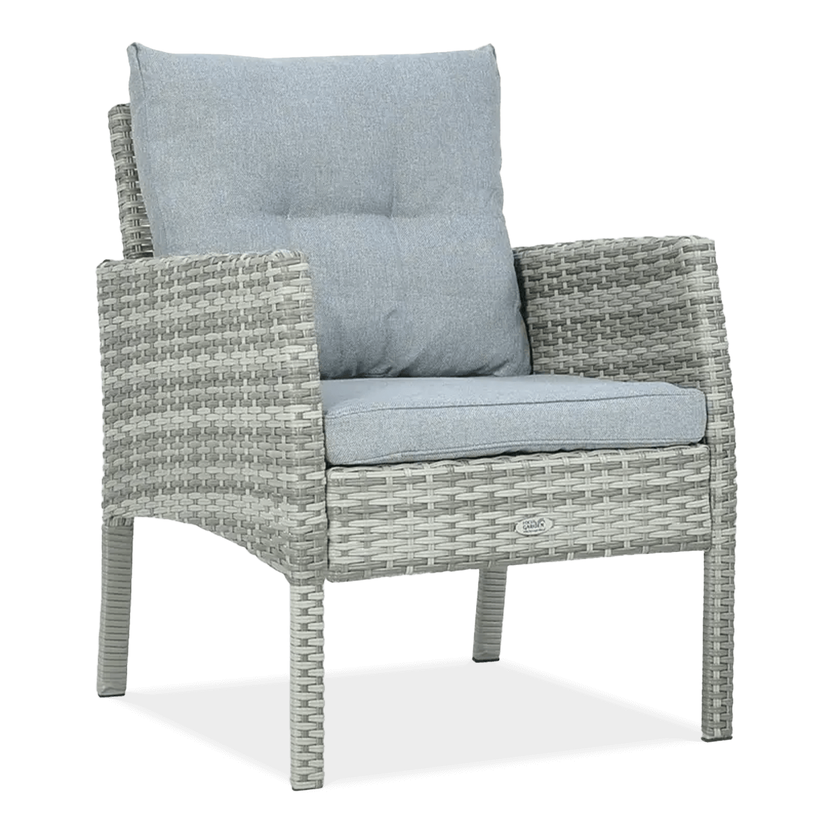 szary fotel pokryty plecionką z technorattanu CORTINA z poduchami 