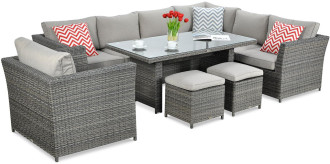 Narożnik technorattanowy Moniz Dining Plus z poduszkami i pufami w kolorze dark grey