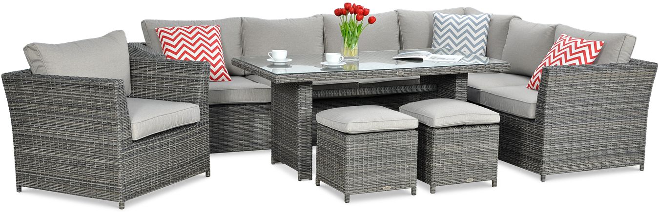 Narożnik technorattanowy MONIZ DINING PLUS Dark Grey z poduszkami, 2 pufami i podniesionym stołem ze szklanym blatem