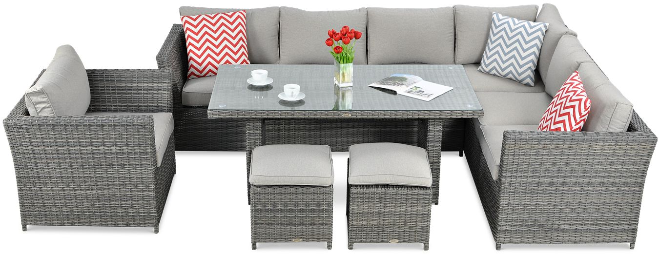 Narożnik technorattan MONIZ DINING PLUS Dark Grey w szarej plecionce z poduszkami i szklanym blatem stołu