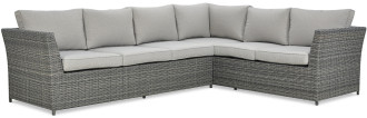 Narożnik technorattan MONIZ DINING PLUS Dark Grey z szarymi poduszkami i plecionką przypominającą rattan
