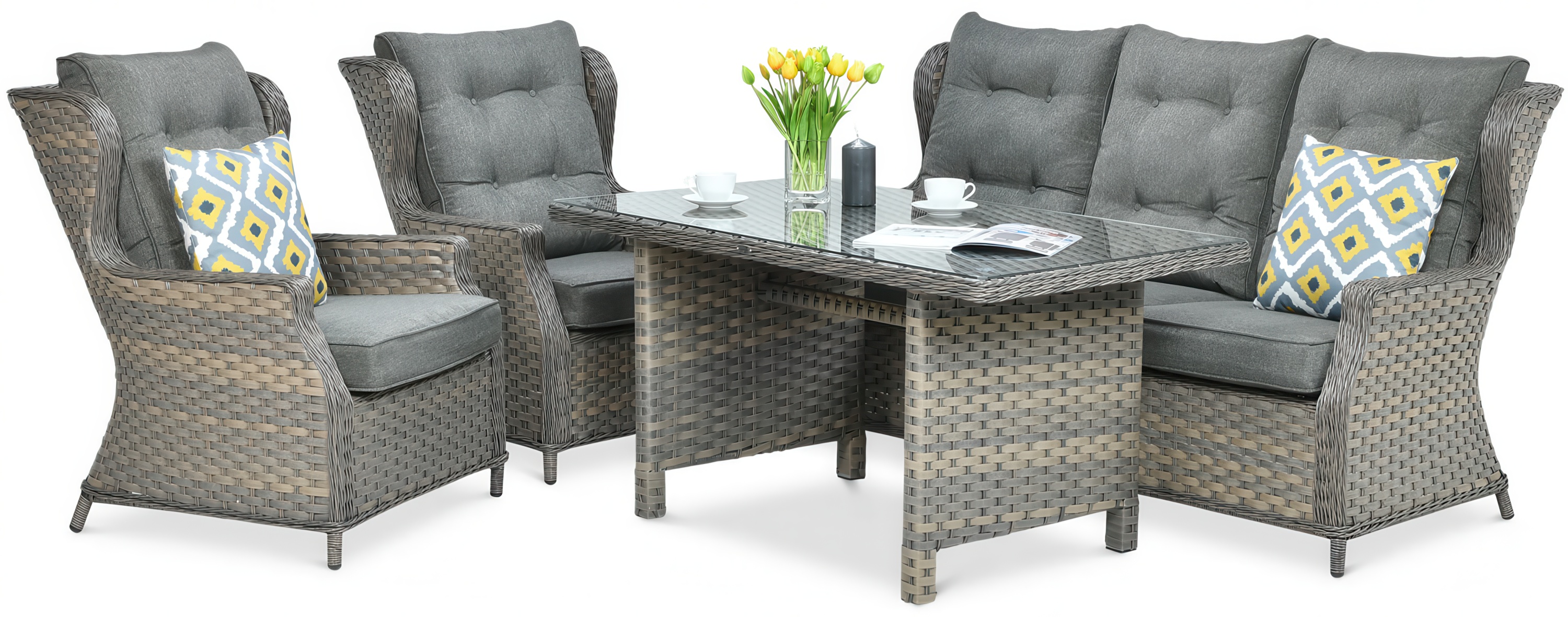 Stylowy zestaw wypoczynkowy z technorattanu - TRIVENTO DINING 3 z pufami