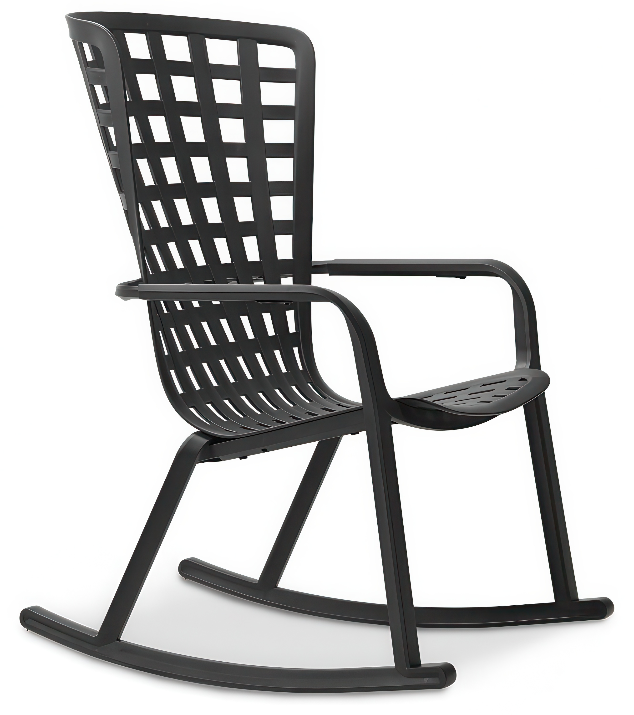 Nowoczesny czarny fotel bujany ogrodowy z wysokim oparciem