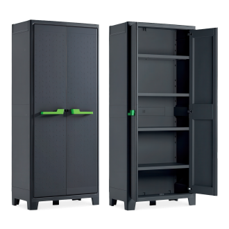 Szafa ogrodowa Keter/Kis MOBY HIGH CABINET w czarnym kolorze z zielonymi zdobieniami na klamkach