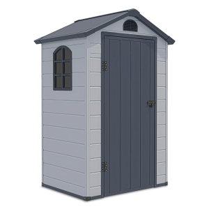 Widok na przód i boczną ścianę z oknem domku narzędziowego Vermont 134x104cm