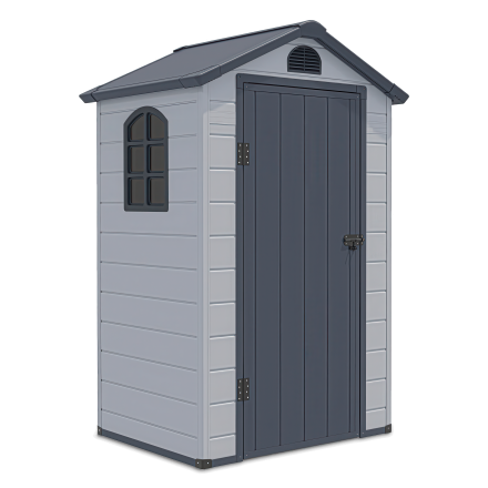 Widok na przód i boczną ścianę z oknem domku narzędziowego Vermont 134x104cm