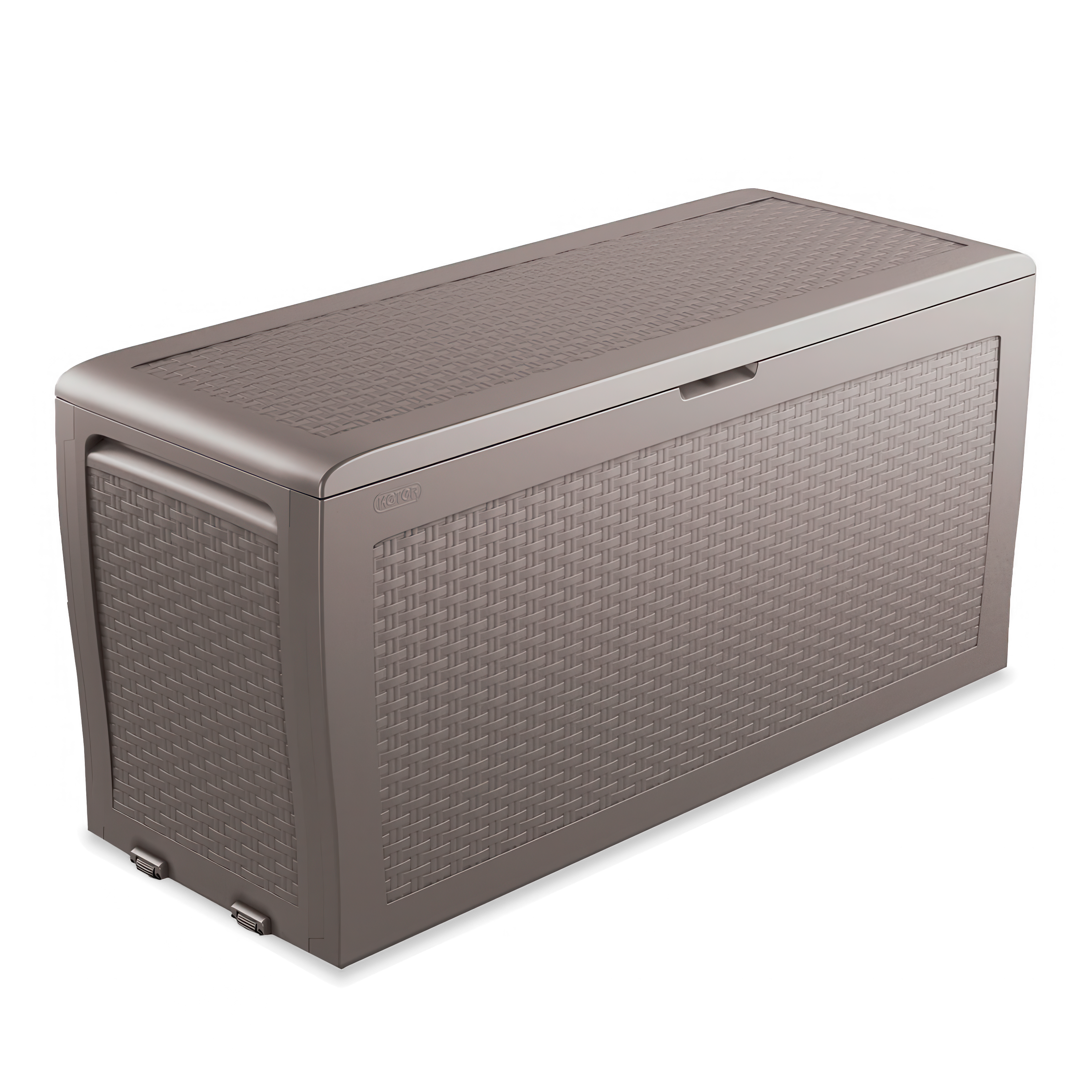 Beżowa skrzynia ogrodowa z fakturą plecionki, widok z boku na jednolitym tle.