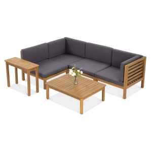 Zestaw mebli ogrodowych (narożnik, stolik kawowy i wysoki stolik boczny) na jednolitym białym tle.