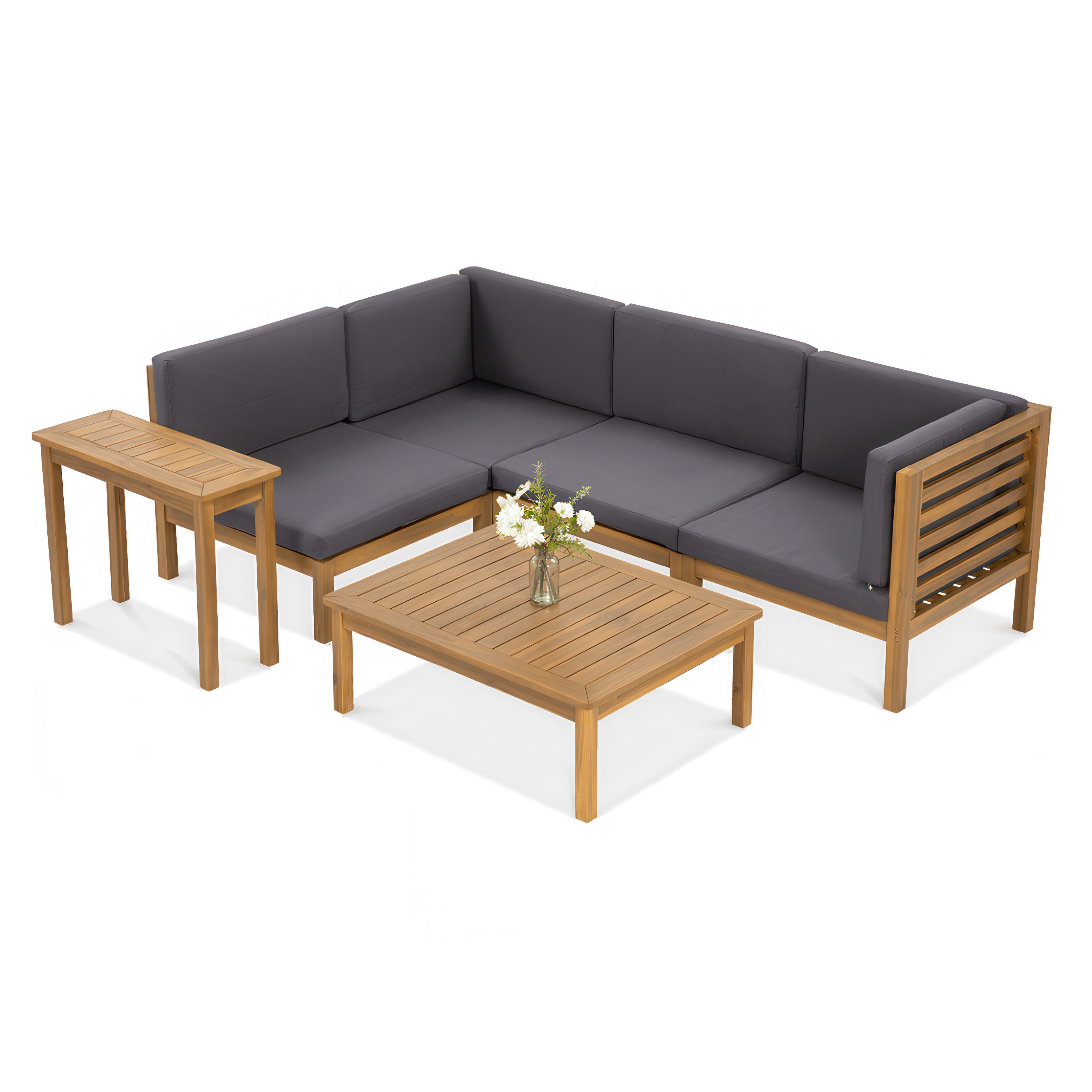 Zestaw mebli ogrodowych (narożnik, stolik kawowy i wysoki stolik boczny) na jednolitym białym tle.