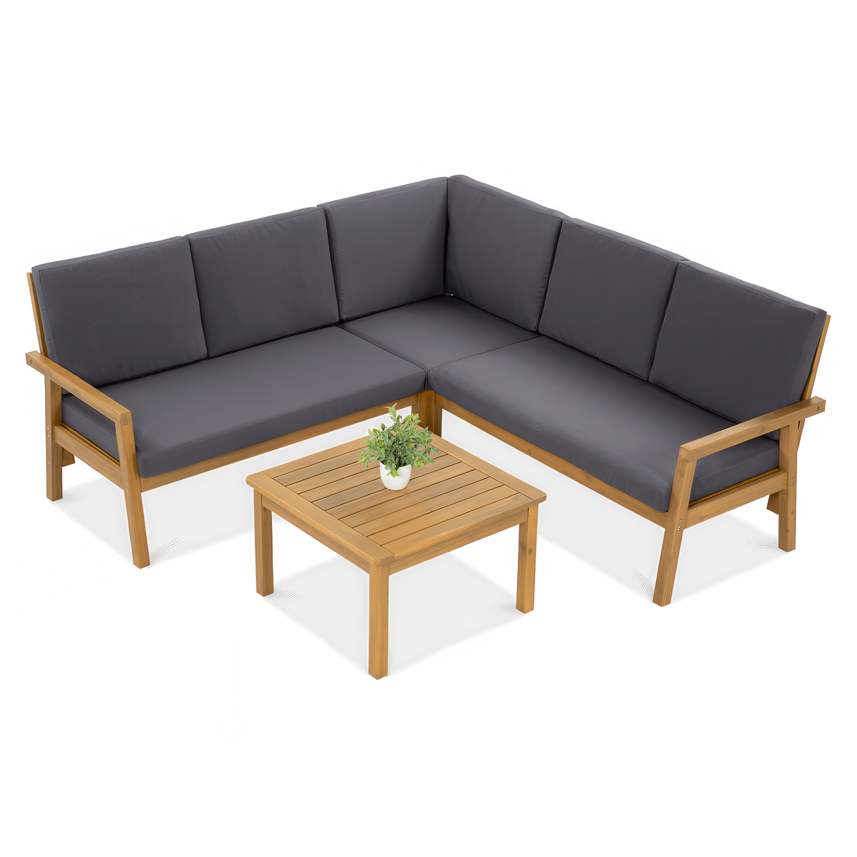 Zestaw mebli ogrodowych w stylu nowoczesnym, w skład którego wchodzi narożnik w kształcie litery L z drewnianą ramą i ciemnoszarymi poduszkami oraz kwadratowy stolik kawowy z drewnianym blatem.