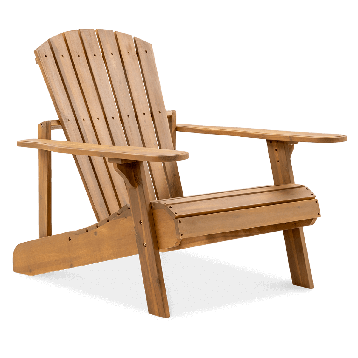 Drewniany fotel ogrodowy Adirondack widoczny na białym tle.