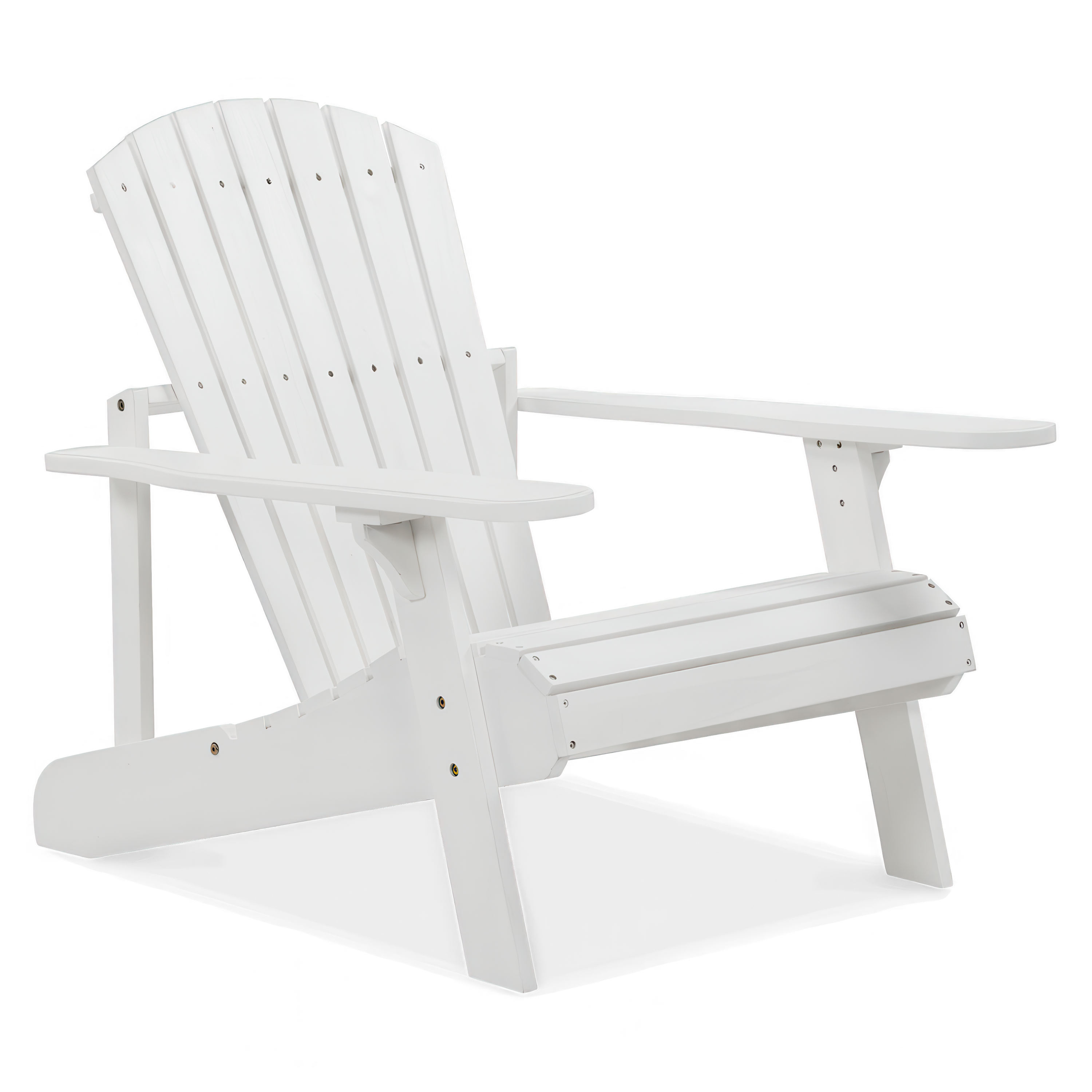 Biały fotel ogrodowy Adirondack z drewna, widok z przodu pod kątem.