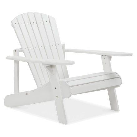 Biały fotel ogrodowy Adirondack z drewna, widok z przodu pod kątem.