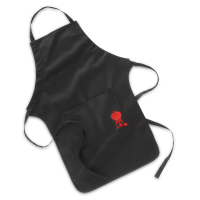 fartuch do grillowania Weber w kolorze czarnym z czerwoną grafiką grilla na kieszeni