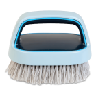 Ręczna szczotka do szorowania z ergonomicznym uchwytem i twardym włosiem w kolorze białym, idealna do czyszczenia podłóg i fug.