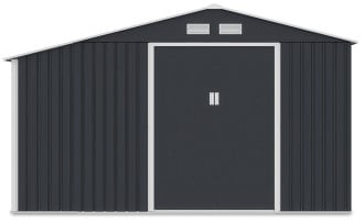 Widok na przednią ścianę i podw&oacute;jne drzwi domku narzędziowego MADISON 342x191cm Cold Grey 