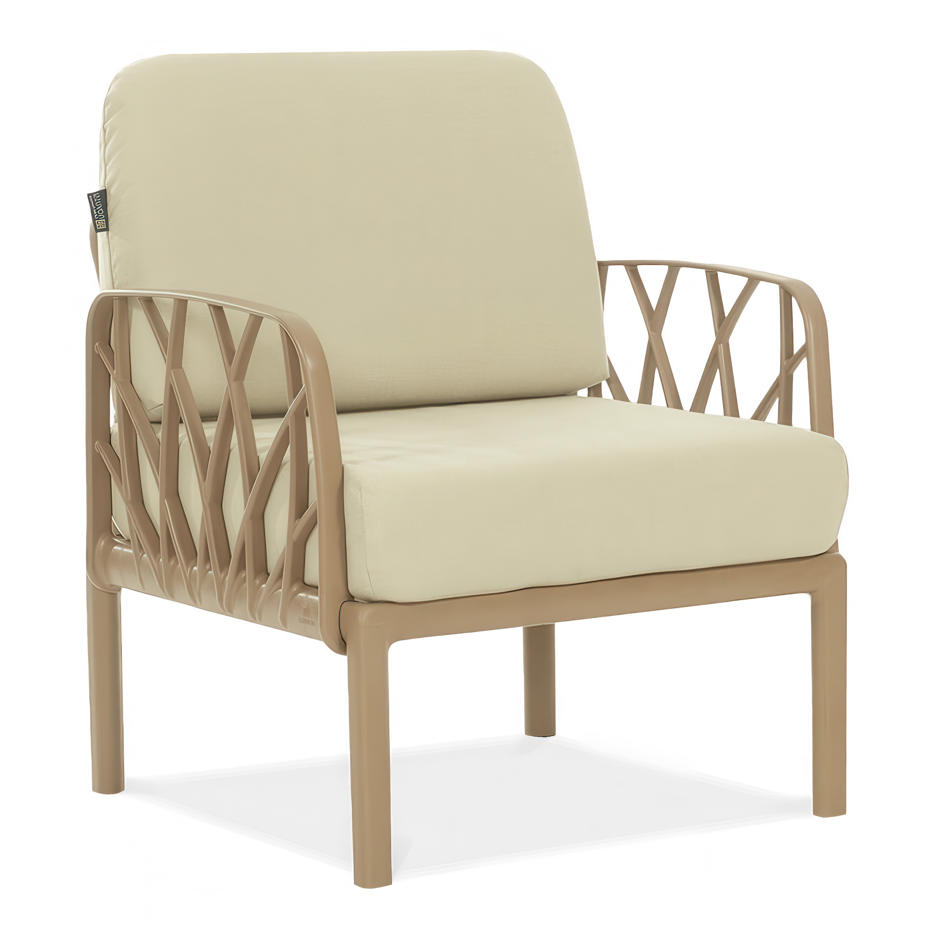 Fotel ogrodowy beżowy z poduszkami na siedzisku i oparciu, nowoczesny design z ażurowymi bokami