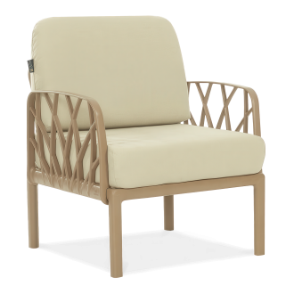 Fotel ogrodowy beżowy z poduszkami na siedzisku i oparciu, nowoczesny design z ażurowymi bokami