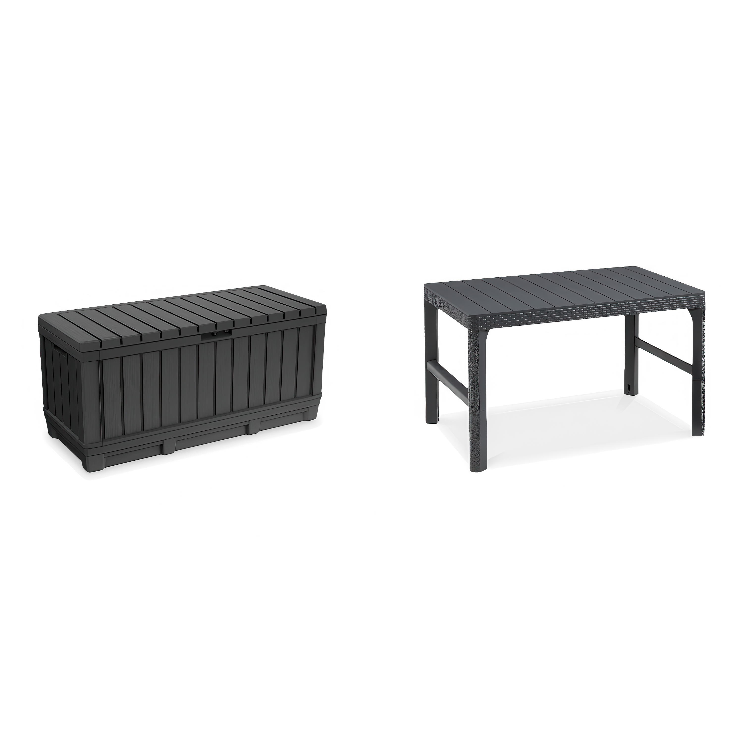 Zestaw mebli ogrodowych z technorattanu w kolorze antracyt – prostokątny stół tarasowy i pojemna skrzynia na poduszki