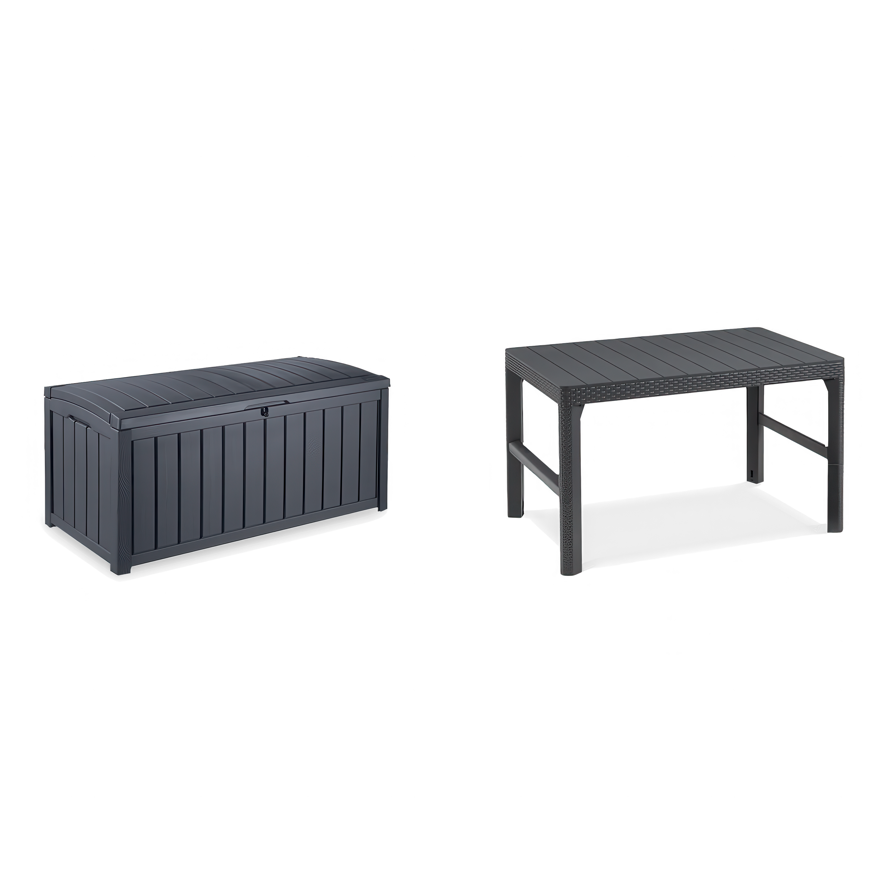 czarna skrzynia ogrodowa z tworzywa sztucznego z pokrywą na zawiasach, idealna do przechowywania narzędzi i akcesoriów ogrodowych, oraz czarny stolik ogrodowy z płaską powierzchnią z tworzywa, nowoczesny design, meble ogrodowe na taras, odporne na warunki
