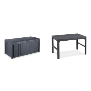 czarna skrzynia ogrodowa z tworzywa sztucznego z pokrywą na zawiasach, idealna do przechowywania narzędzi i akcesoriów ogrodowych, oraz czarny stolik ogrodowy z płaską powierzchnią z tworzywa, nowoczesny design, meble ogrodowe na taras, odporne na warunki